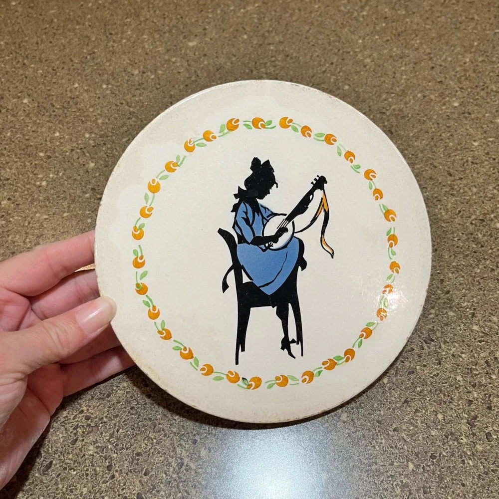 Vintage Germany Trivet Woman Silhouette Banjo Player‎ Floral Cottagecore Decor